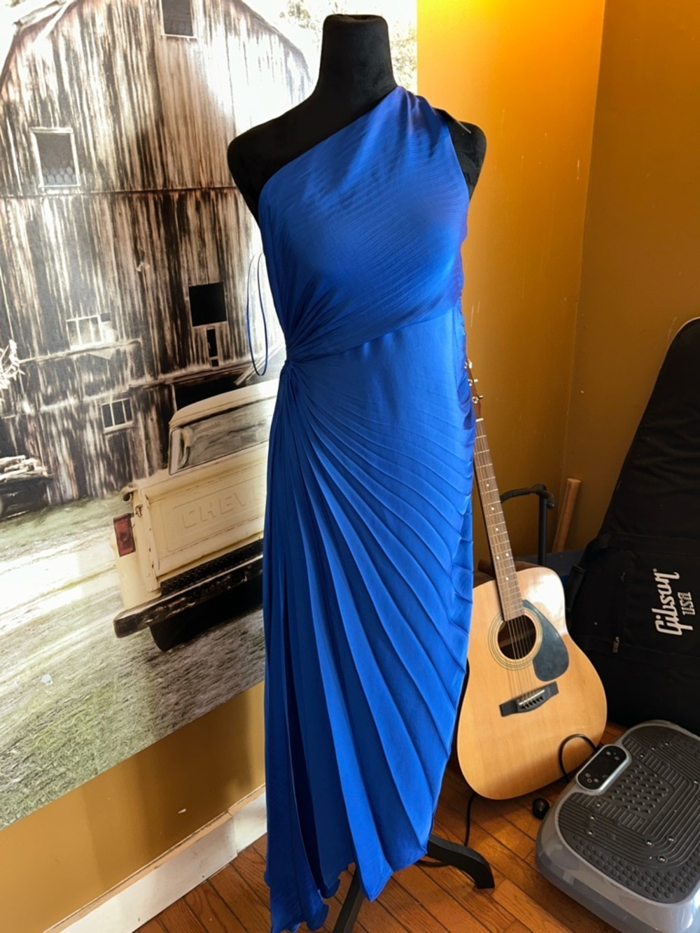 House of Harlow One-Shoulder Pleated Cobalt Blue Evening Dress
